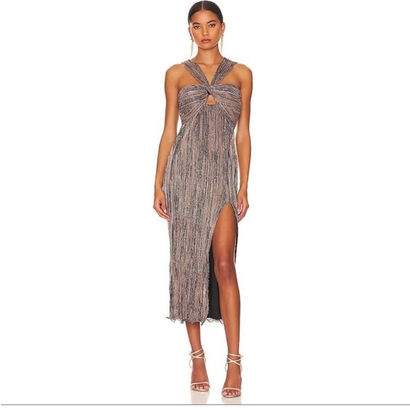 SAYLOR Dresses & Skirts - Saylor Halter Sleeveless Midi Dress with Leg Slit Brown Metallic Size Large